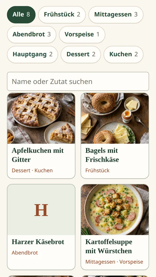 Rezeptübersicht als Kacheln mit Foto und Name, darüber Kategorie-Filter