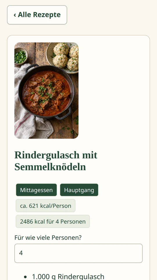 Geöffnetes Rezept Rindergulasch mit Personenwahl, Kalorien und Zutaten