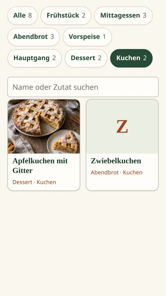 Rezeptliste gefiltert nach der Kategorie Kuchen