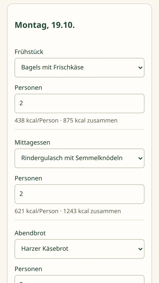 Wochenplan mit Frühstück, Mittagessen und Abendbrot für Montag
