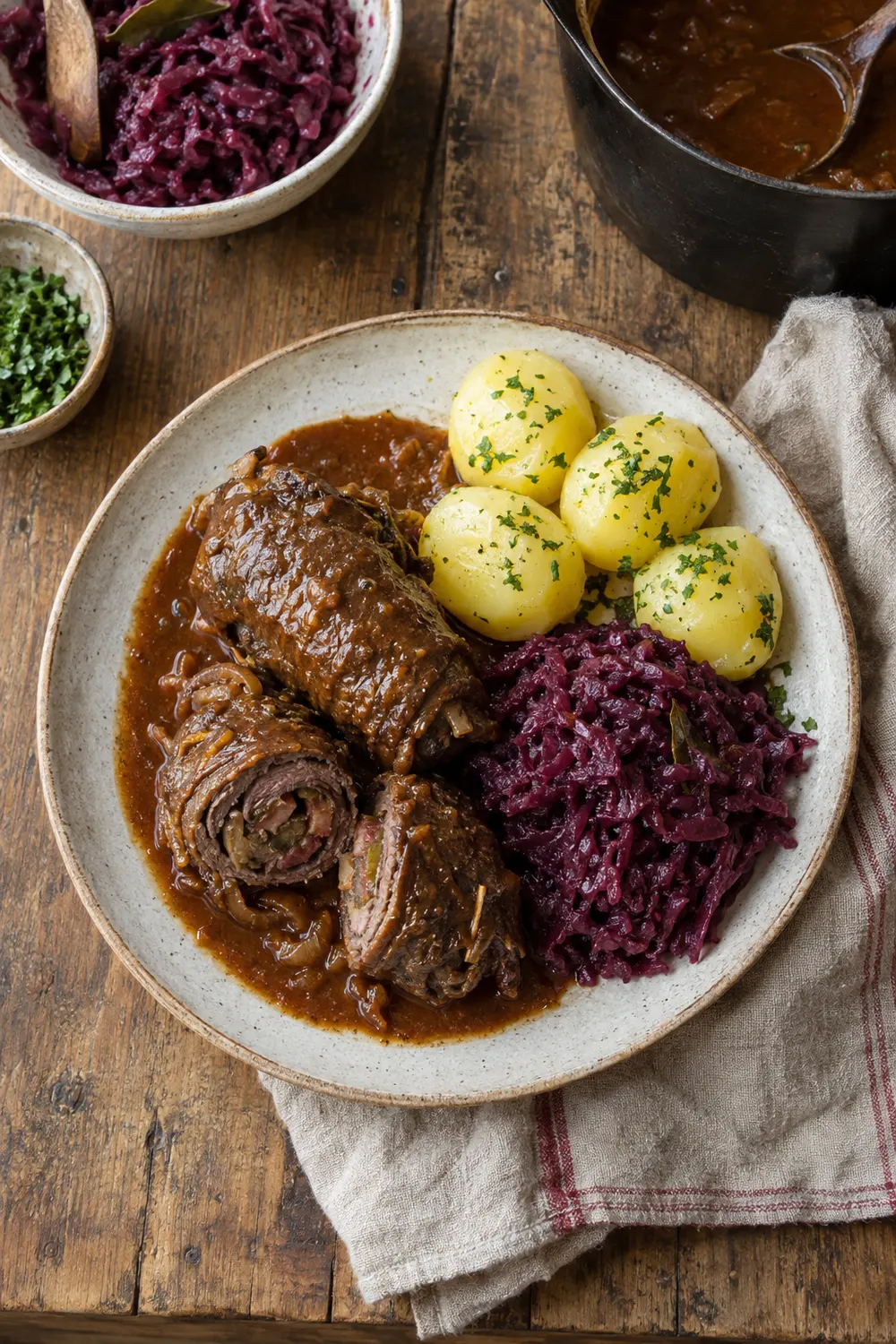 Rinderrouladen mit Rotkohl und Kartoffeln auf einem Holztisch